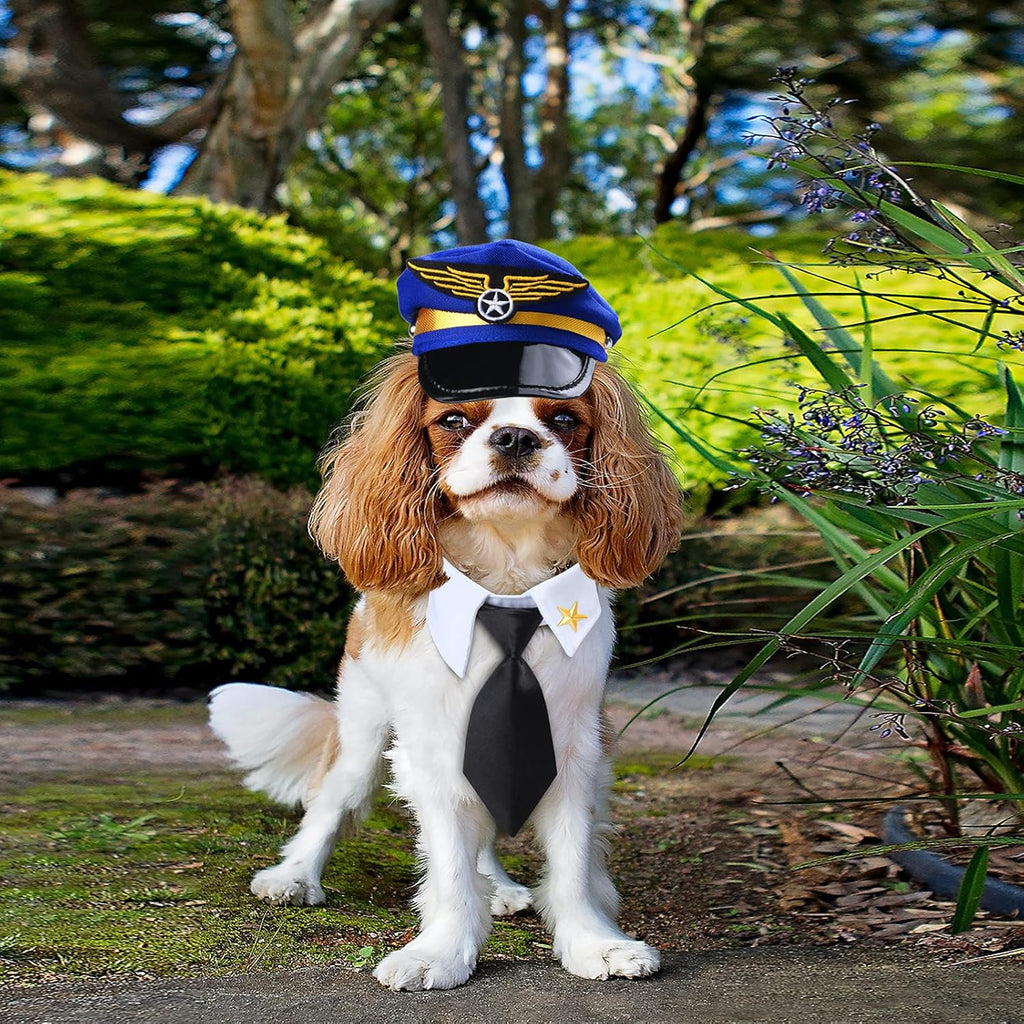 Yewong 3-Piece Pet Captain Costume Accessory Set - Dog & Cat Pilot Hat, Formal Necktie & Collar - Fancy Dress & Halloween Party (Set-A)