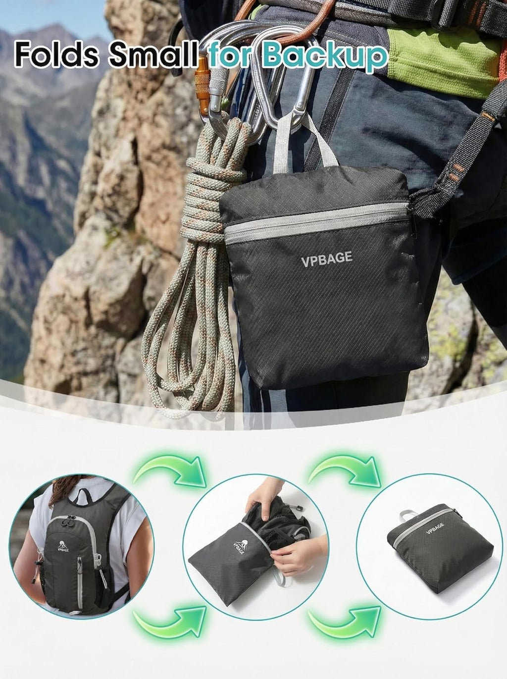 Foldable Small Hiking Backpack with 3 Strap Pockets – Lightweight 300D Spill-proof Daypack for Men Women – Packable Small Travel Backpack with Chest Strap & Trekking Pole Holder – Durable Outdoor Bag
