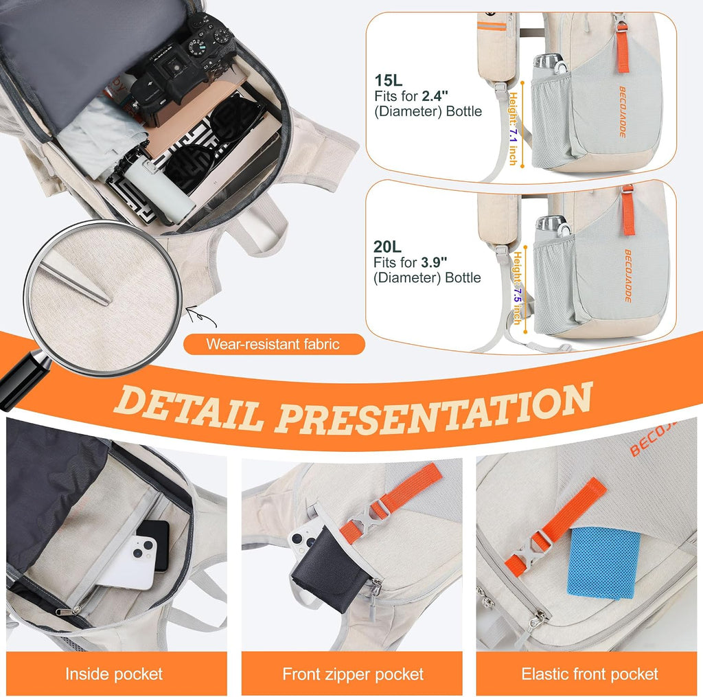 BECOJADDE 15L Small Hiking Backpack for Men Women Foldable Packable Back Pack Ultralight Hiking Daypack for Travel Camping Outdoor, Beige