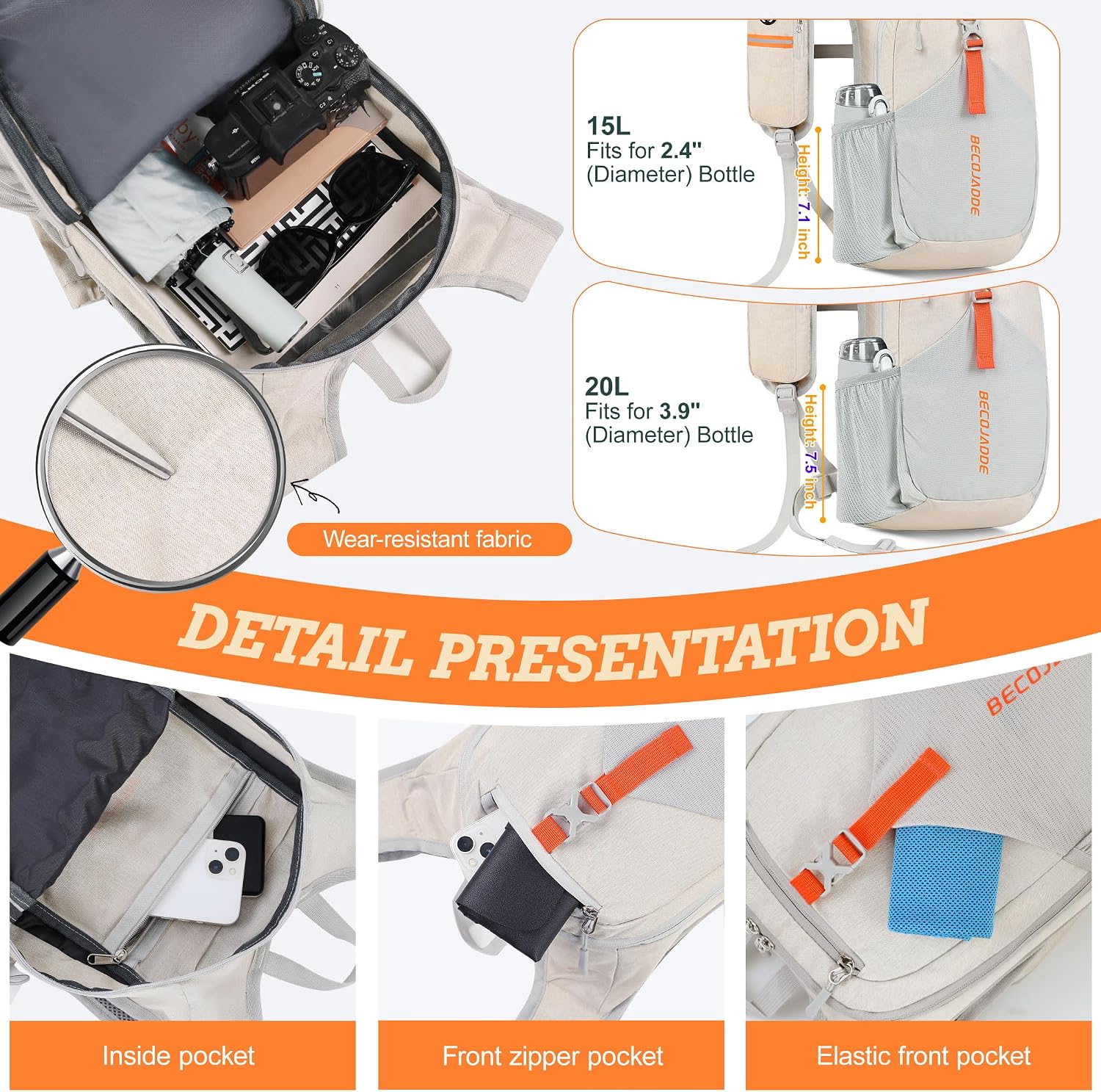 BECOJADDE 15L Small Hiking Backpack for Men Women Foldable Packable Back Pack Ultralight Hiking Daypack for Travel Camping Outdoor, Beige