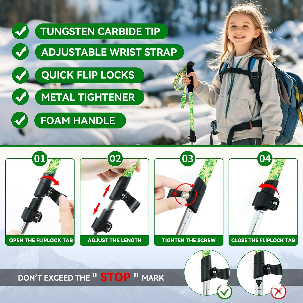 Lightweight Kids Trekking Poles, Collapsible Aluminum Hiking Sticks 2 Pack