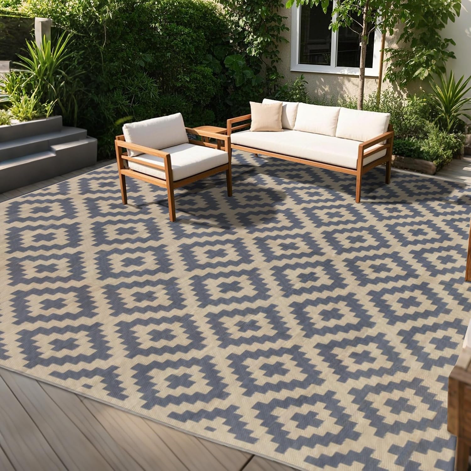 SAND MINE Reversible Mats, Plastic Straw Rug, Modern Area Rug, Large Floor Mat and Rug for Outdoors, RV, Patio, Backyard, Deck, Picnic, Beach, Trailer, Camping (5' x 8', Blue Grey Lattice)