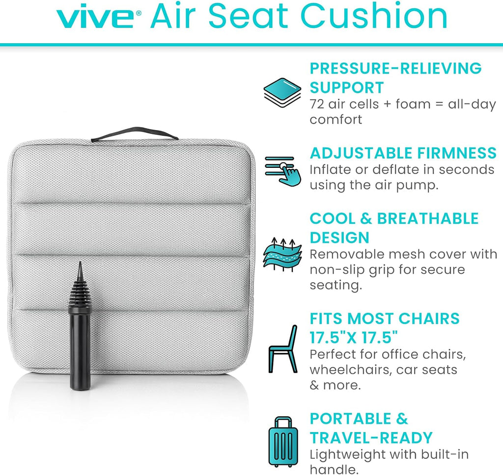 Vive Inflatable Wheelchair Air Seat Cushion - Adjustable Air Pressure