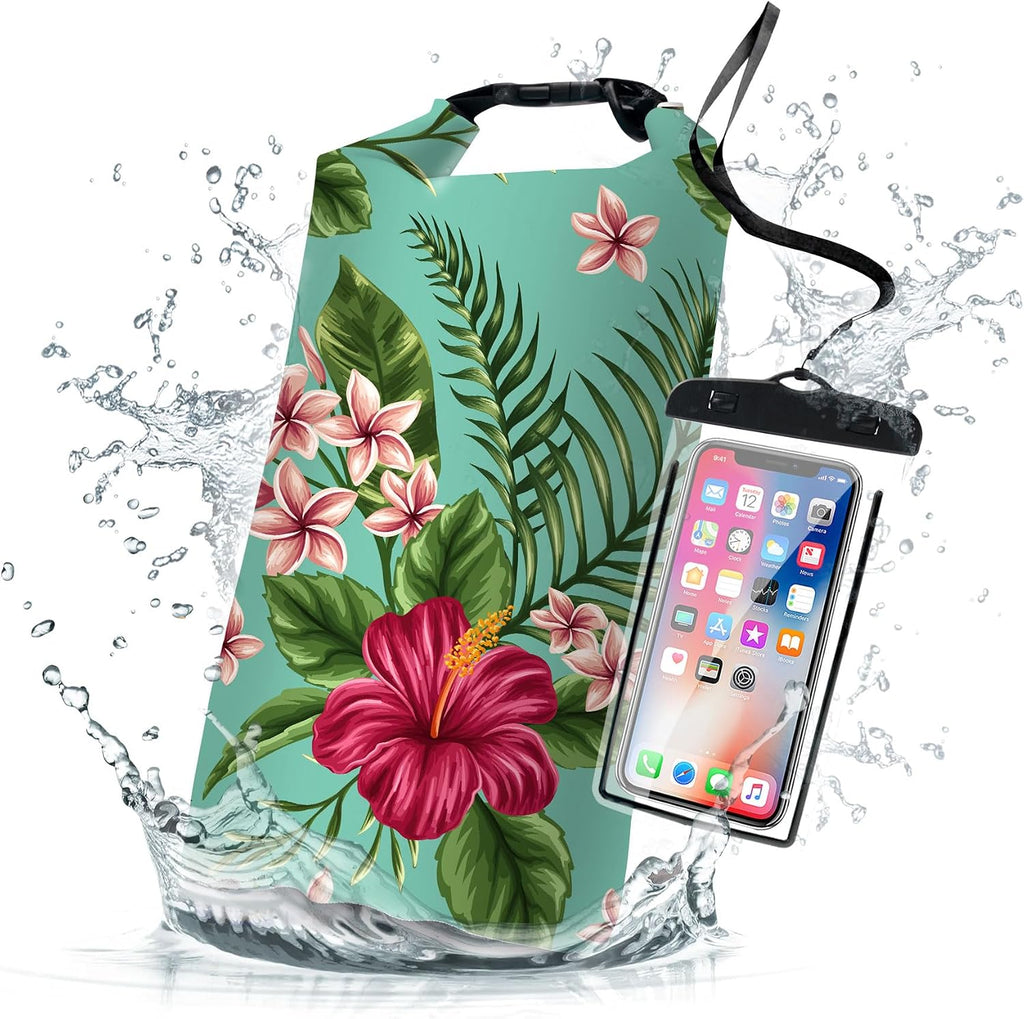 5L Waterproof Dry Bag, Tropical Summer Watercolor Hibiscus Backpack