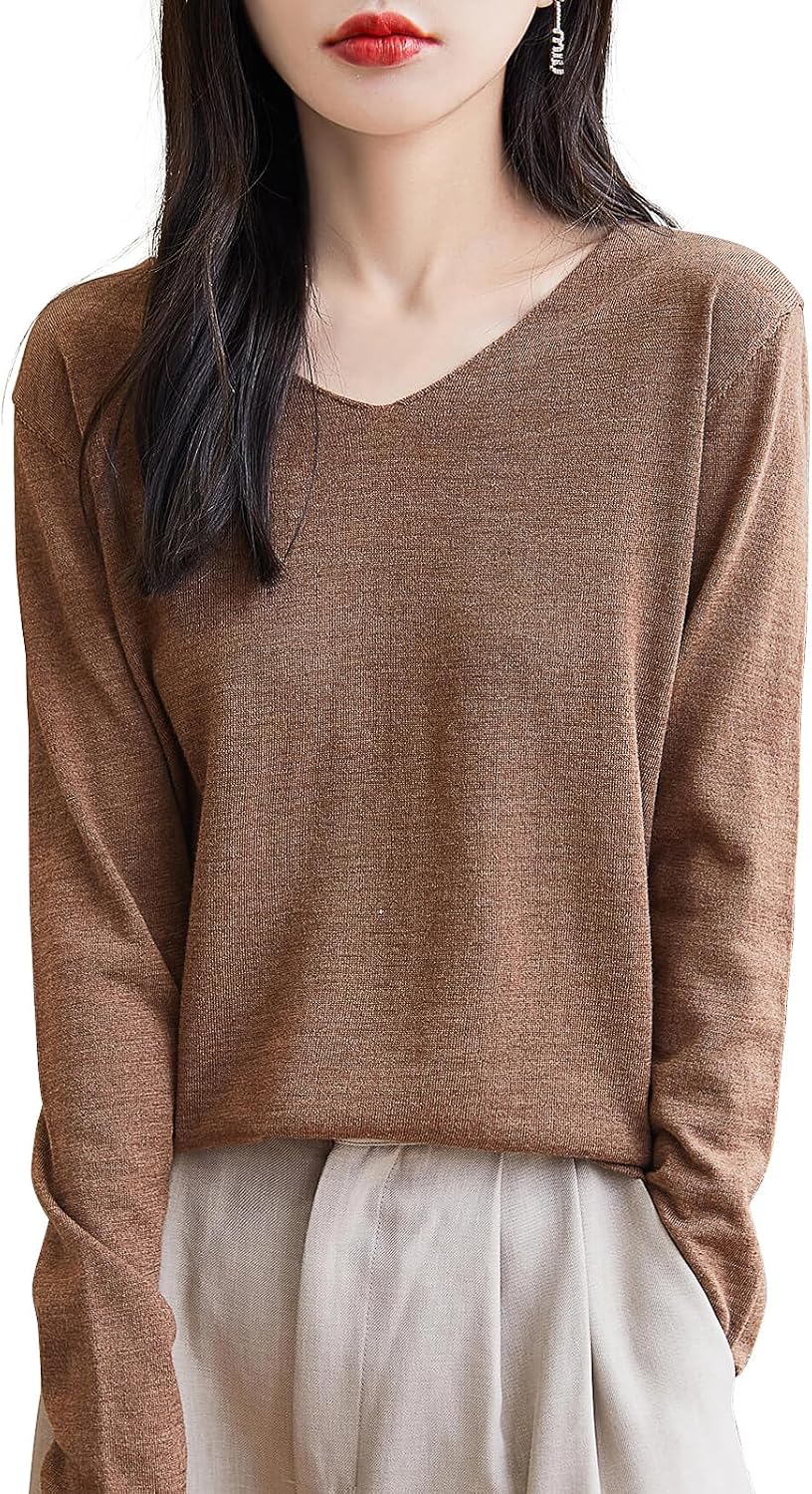 Chanyarn Women's 100% Merino Wool Base Layer Shirt Tops V Neck Long Sleeve Travel Hiking Tee T Shirt Pullover Sweater