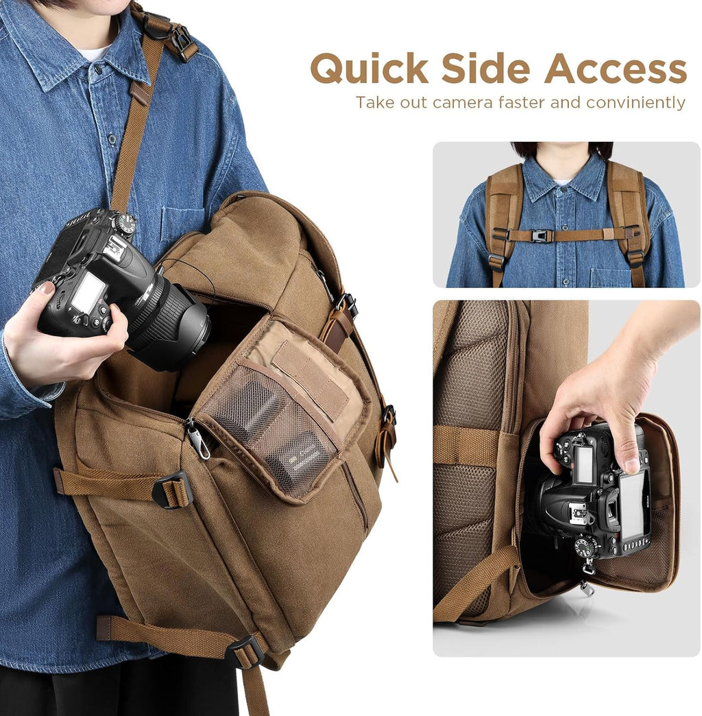 SMRITI Canvas Camera Bag Backpack with Quick Access Pocket & Tripod Holder, 14 Inch Laptop Camera Back Pack Anti-Theft DSLR/SLR Mirrorless Camera bag for Photographers Compatible with Canon/Nikon/Sony