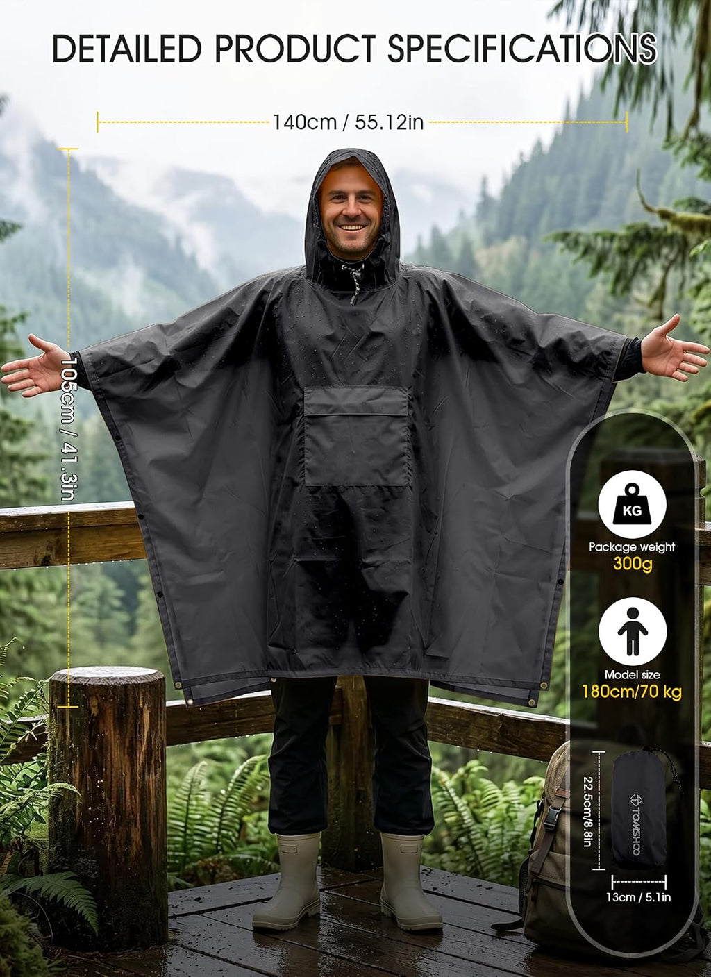 TOMSHOO Multifunctional Raincoat with Hood Waterproof for Adults