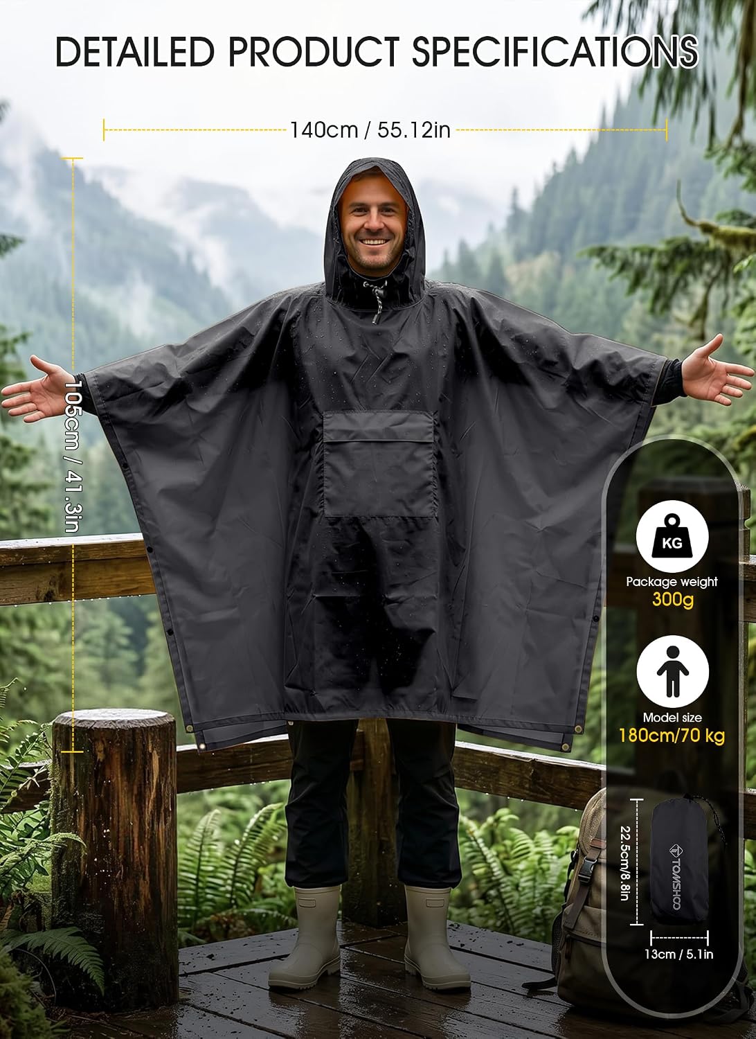TOMSHOO Multifunctional Raincoat with Hood Waterproof for Adults