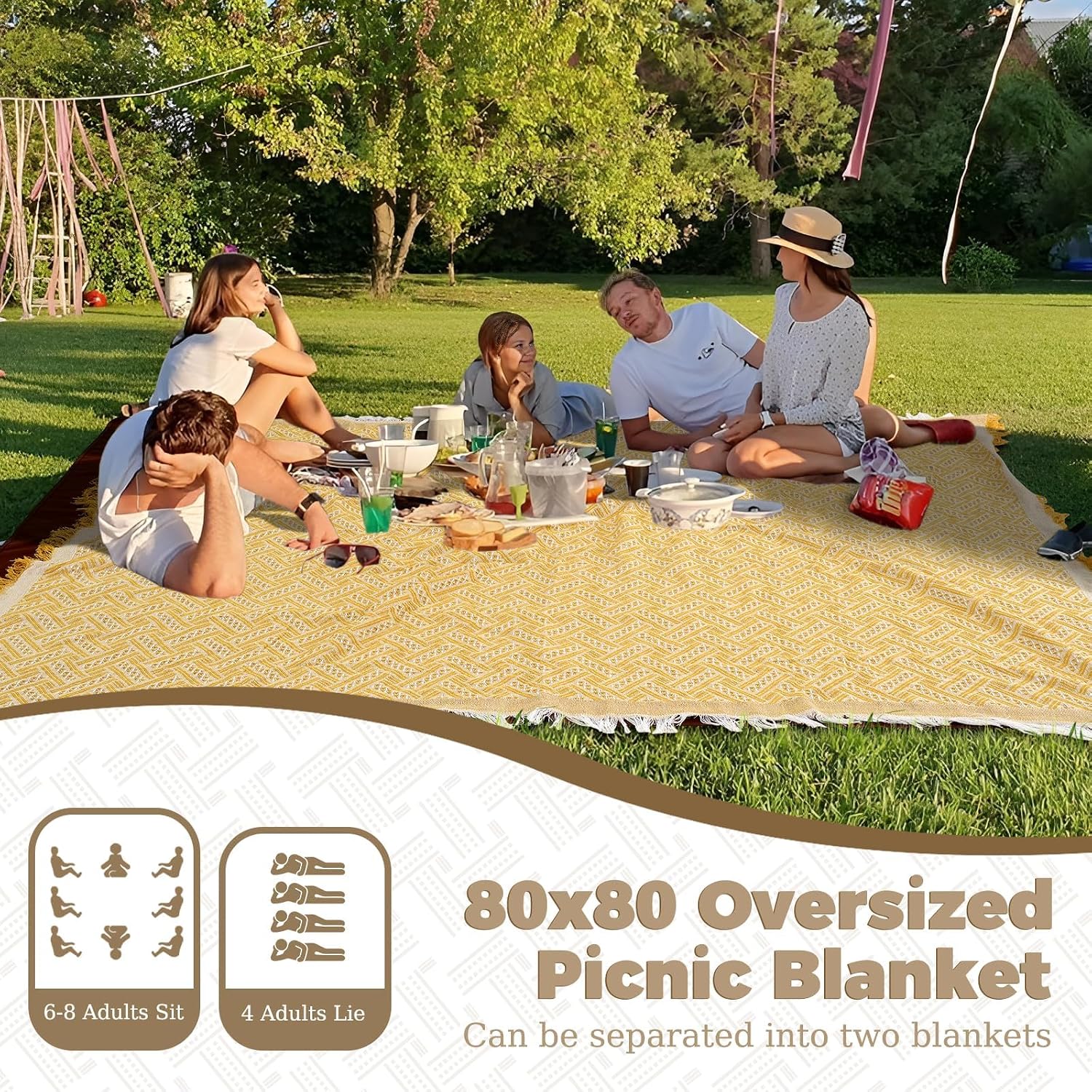 Genovega 2 in 1 Extra Large 80"* 80" Rug Picnic Blankets Waterproof Outdoor Beach Blanket Foldable Camping Mat Supplies Europe Travel Accessories Hawaii Necessities Hiking Items Yellow