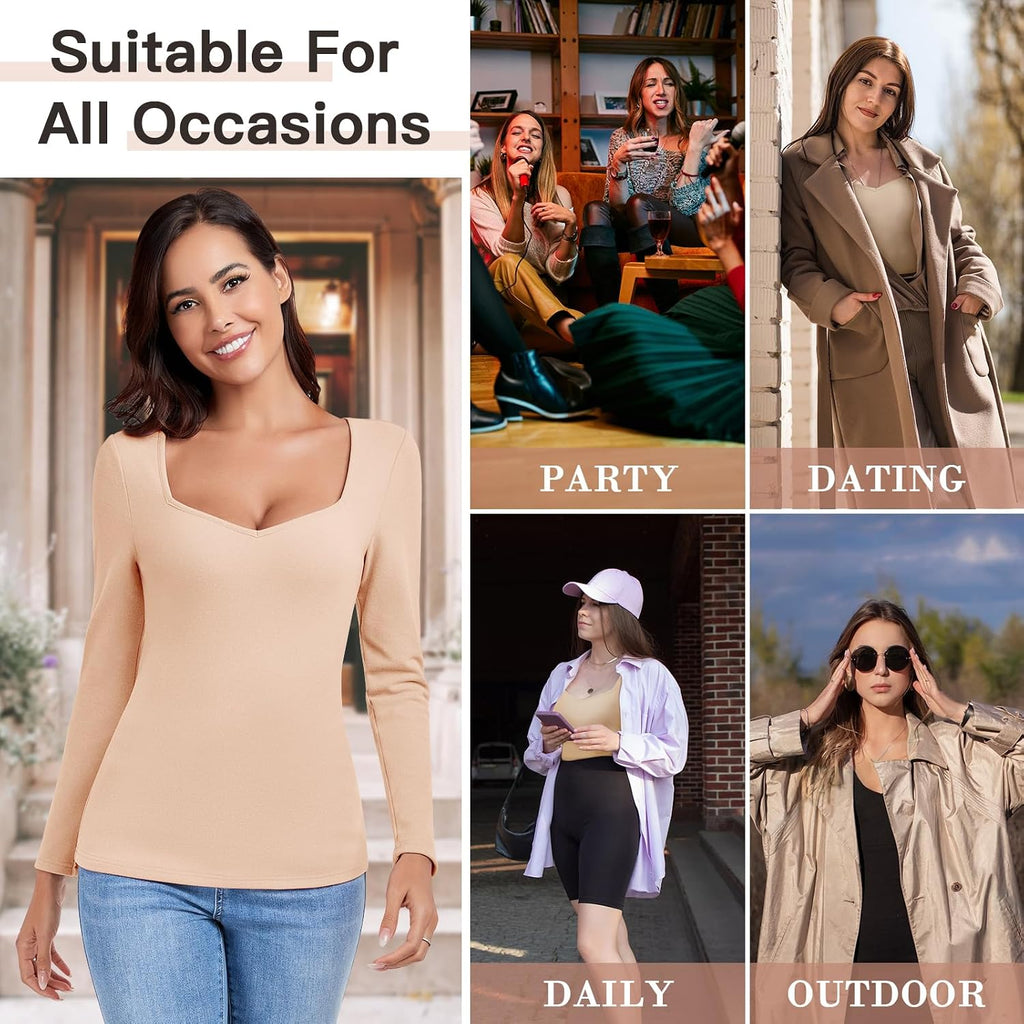 WOWENY Thermal Shirts for Women V Neck Fleece Lined Base Layer