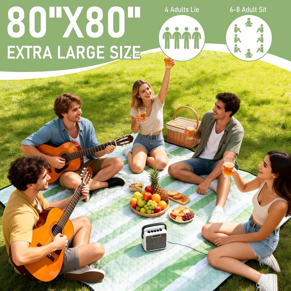 Big Picnic Blankets Beach Blanket Waterproof Sandproof, 80''x80'' Giant 5-Layer Outdoor Camping Blanket Rug Easily Foldable Picnic Mat for Grass, Hiking, Travel, Concerts, Indoor