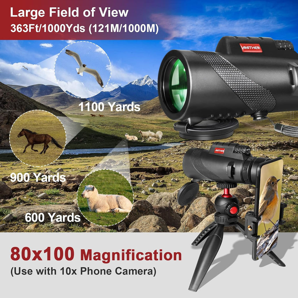 80x100 Monocular Telescope for Smartphones - High Powered HD Monocular with Tripod & Adapter, Low Light Vision for Adults - for Wildlife, Bird Watching, Hunting, Hiking