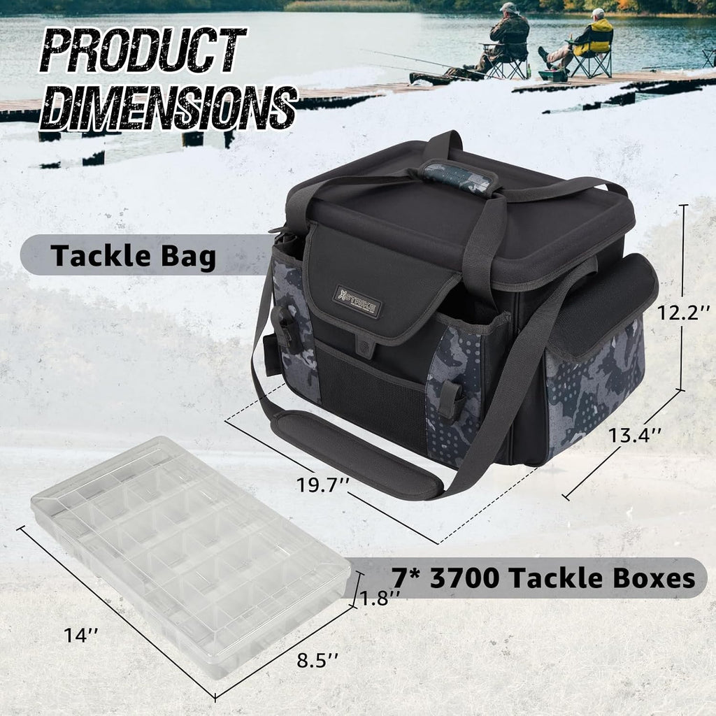 X-Strike Fishing Tackle Bag, Fishing Box Bag with 7 3700 Tackle Boxes Extra Large Fishing Gear Storage Bag Water-Resistant Tackle Bags Padded Shoulder Strap for Saltwater Icefishing Freshwater Camping