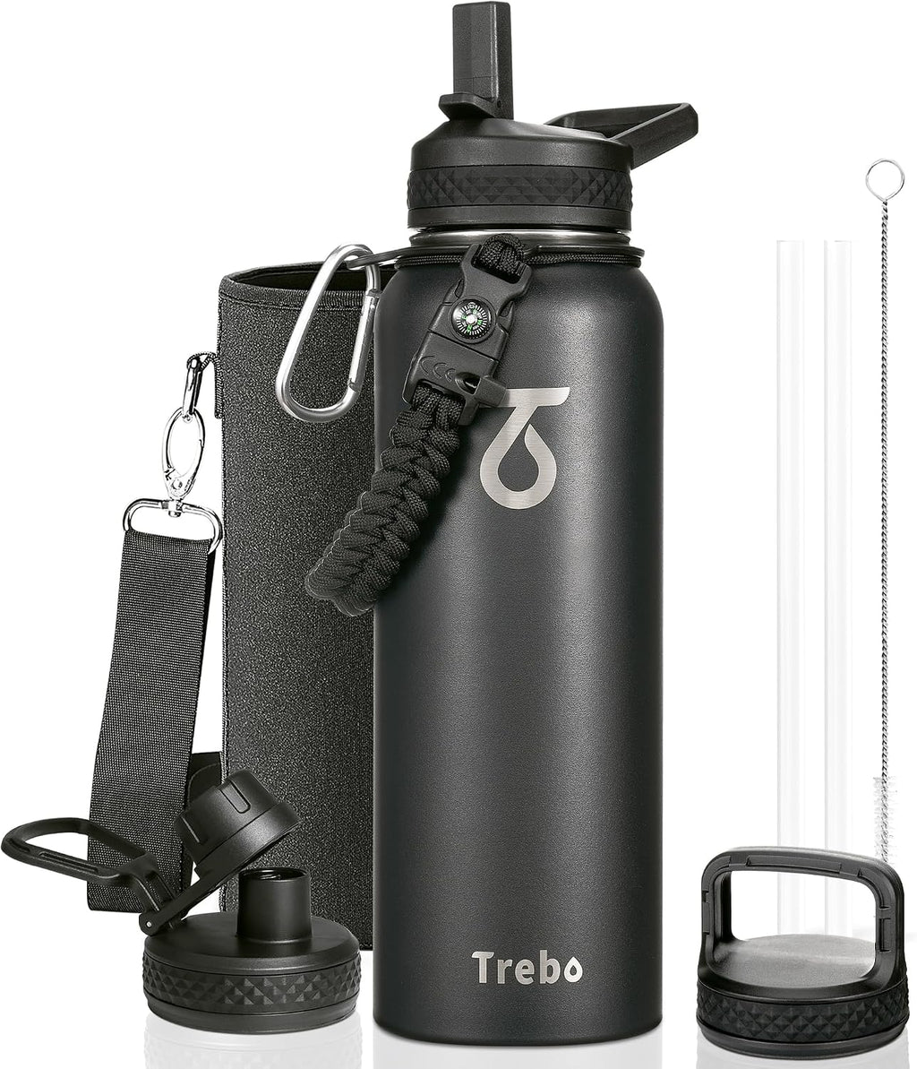 Trebo Water Bottle Insulated 40 oz with 3 Lids, Paracord Handle & Sleeve