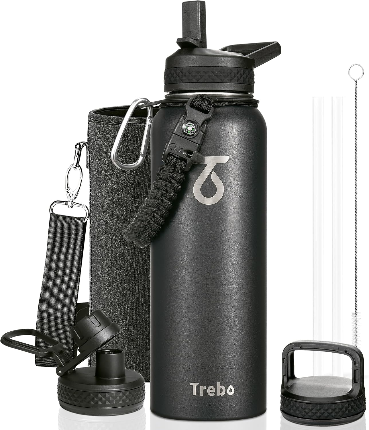 Trebo Water Bottle Insulated 40 oz with 3 Lids, Paracord Handle & Sleeve