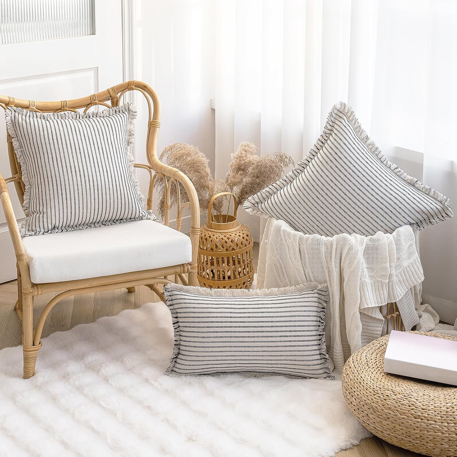 YEENAASY Throw Pillow Covers 18x18 Boho Striped Pillow Cases with Tassel