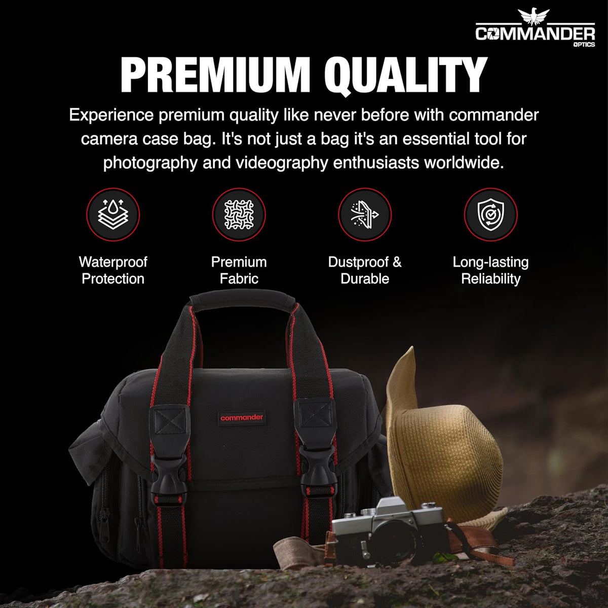 COMMANDER OPTICS Large Camera Bag - Water Resistant, Soft Padded, Spacious Travel Bag for Canon EOS, Nikon, Sony & More DSLR Cameras/Camcorders Ample Storage and Protection for Your Equipment (Large)