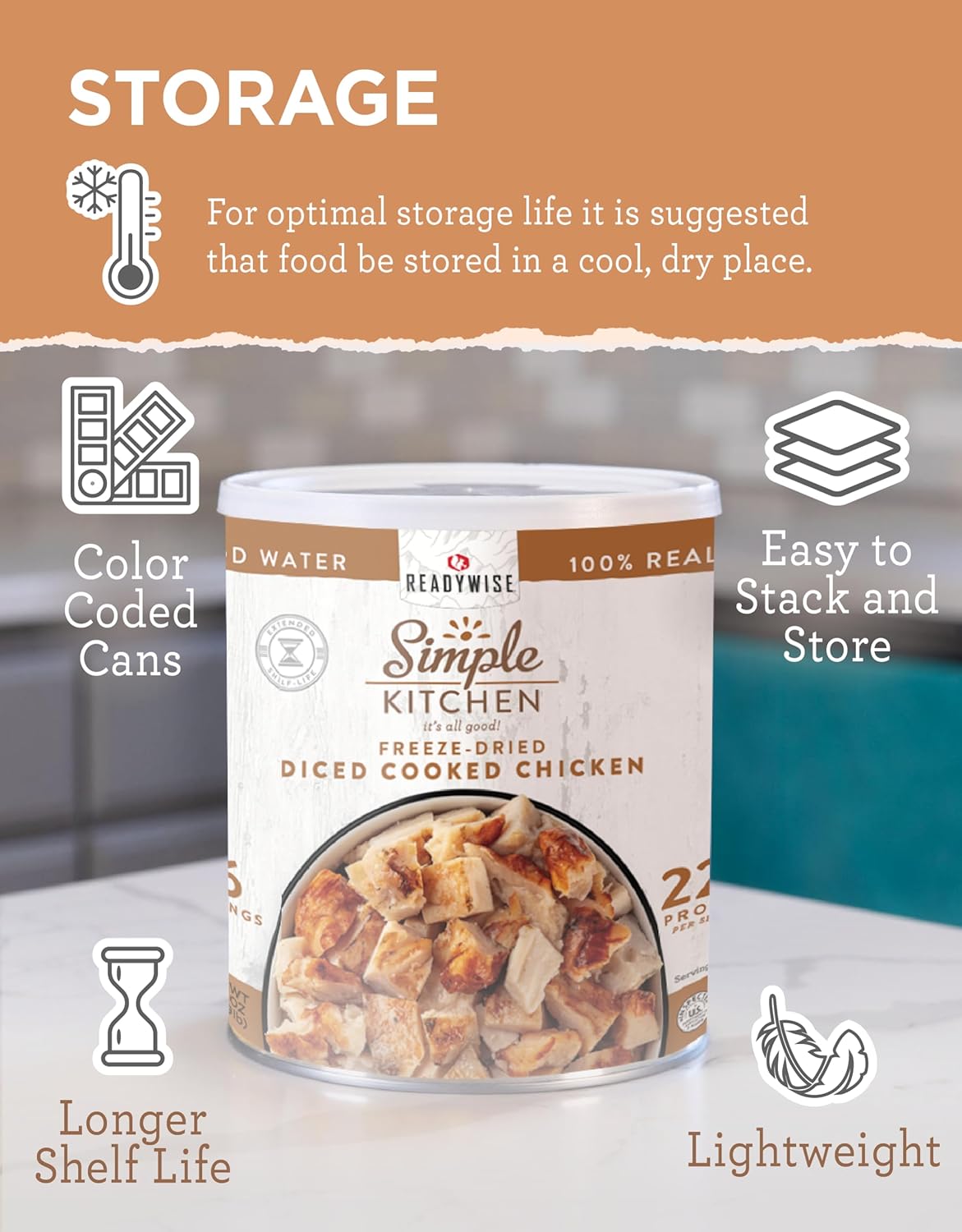 SIMPLE KITCHEN Freeze Dried Chicken #10 Can, 16 Servings, Survival Camping