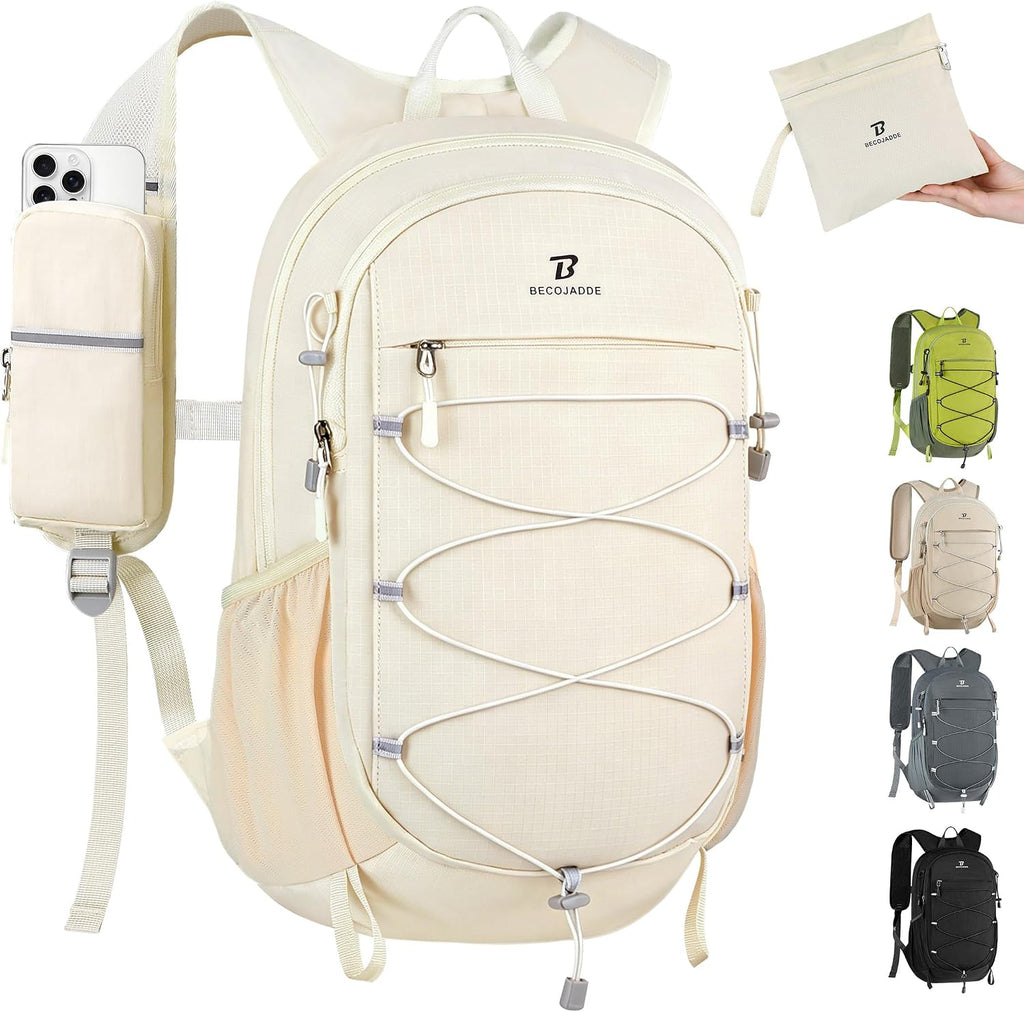 BECOJADDE Hiking Backpack 15L Small Backpack Packable Day pack Water Resistant Lightweight Travel Backpack for Women Men with Shoulder Strap Pockets for Hiking Camping Outdoor, Beige