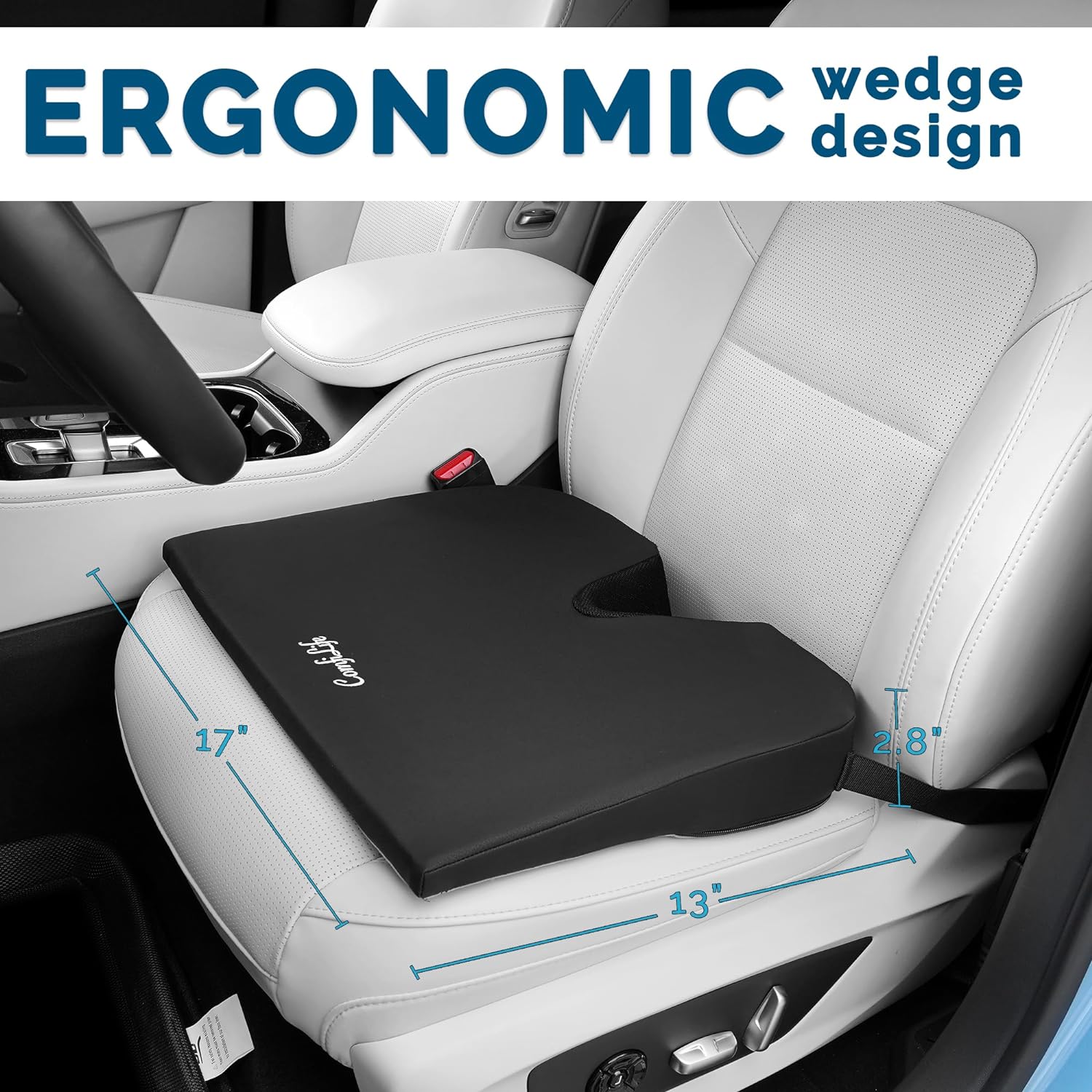 ComfiLife Car Seat Cushion–Premium Wedge 100% Polyurethane Foam Car Cushions for Driving–Auto Seat Cushion–Back & Sciatica Pain Relief for Long Drives–Comfort for Car Driver,Office, Truck Seat (Black)