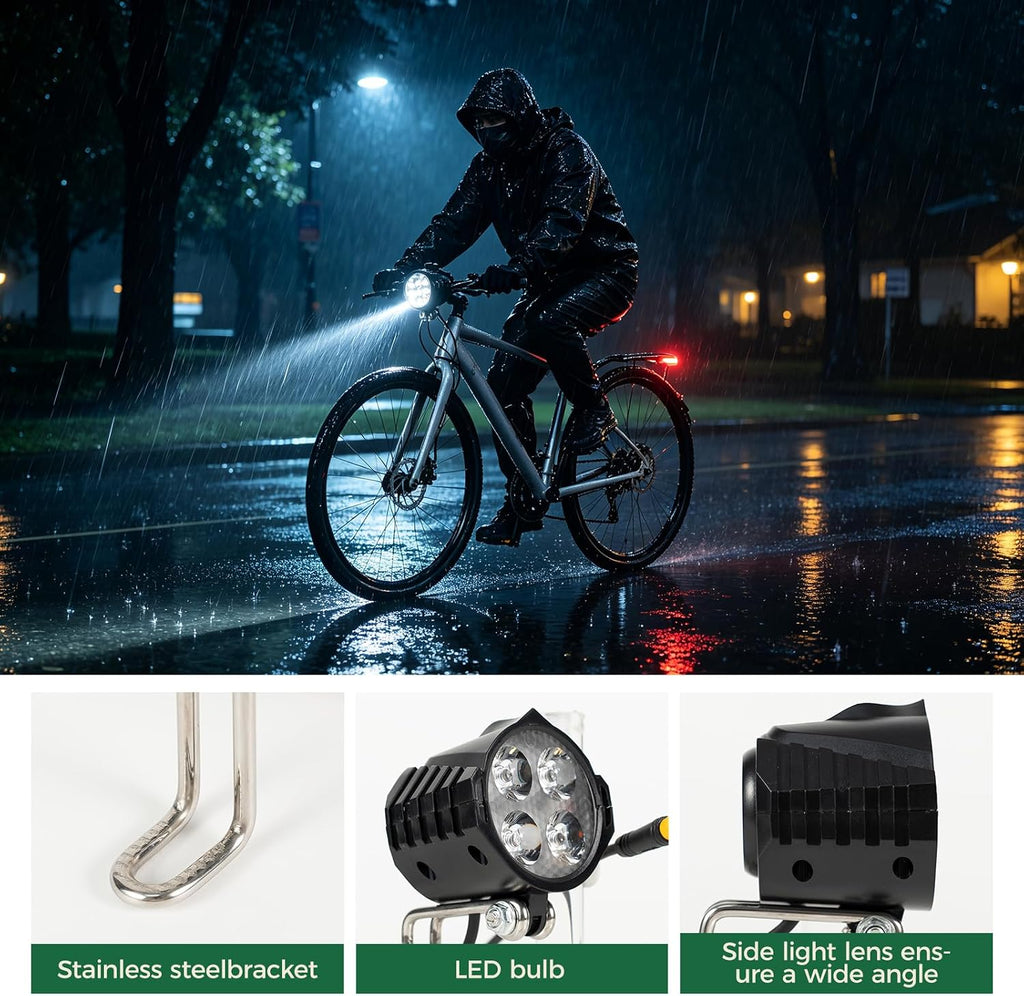 Electric Bike Headlight with Horn, 3-Pin Wired E-Bike Front Lamp Replacement, 4 LED Front Light for 24V 36V 48V 52V Electric Bicycle, Scooter and Ebike, Adjustable Metal Bracket