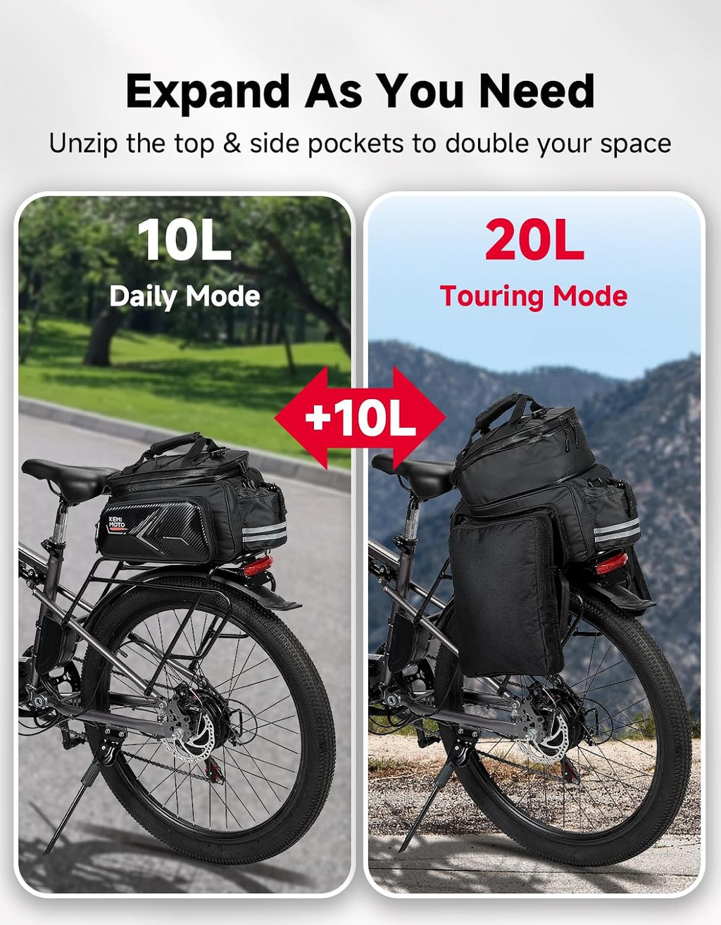 KEMIMOTO Bike Bag Rear Rack Expandable 20L Bicycle Pannier EVA Hard Shell