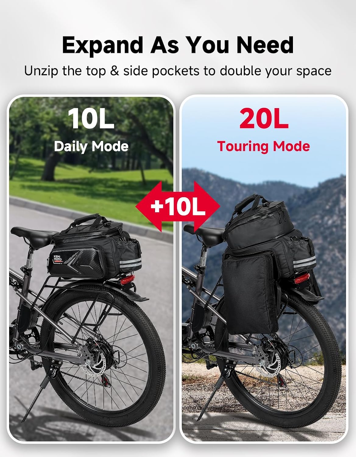 KEMIMOTO Bike Bag Rear Rack Expandable 20L Bicycle Pannier EVA Hard Shell