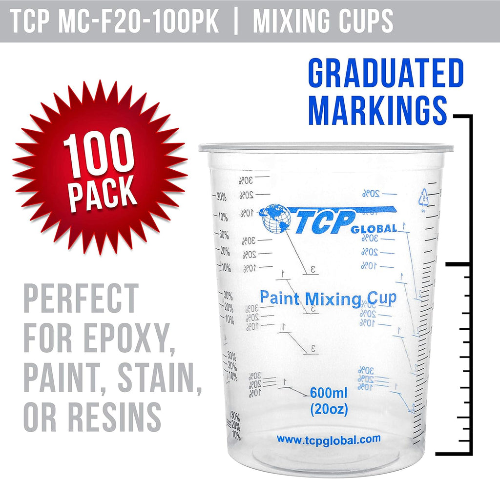 TCP Global 20 oz. (600ml) Graduated Plastic Mixing Cups - Box of 100