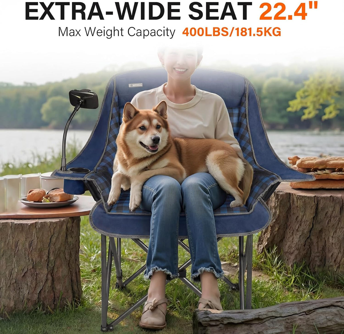 Oversized Camping Chairs for Adults- Heavy Duty Extra Large Lawn Chair,Folding Comfy Padded Camp Chair for Outdoor Sports Garden Beach,Wide&Thick,Blue Plaid
