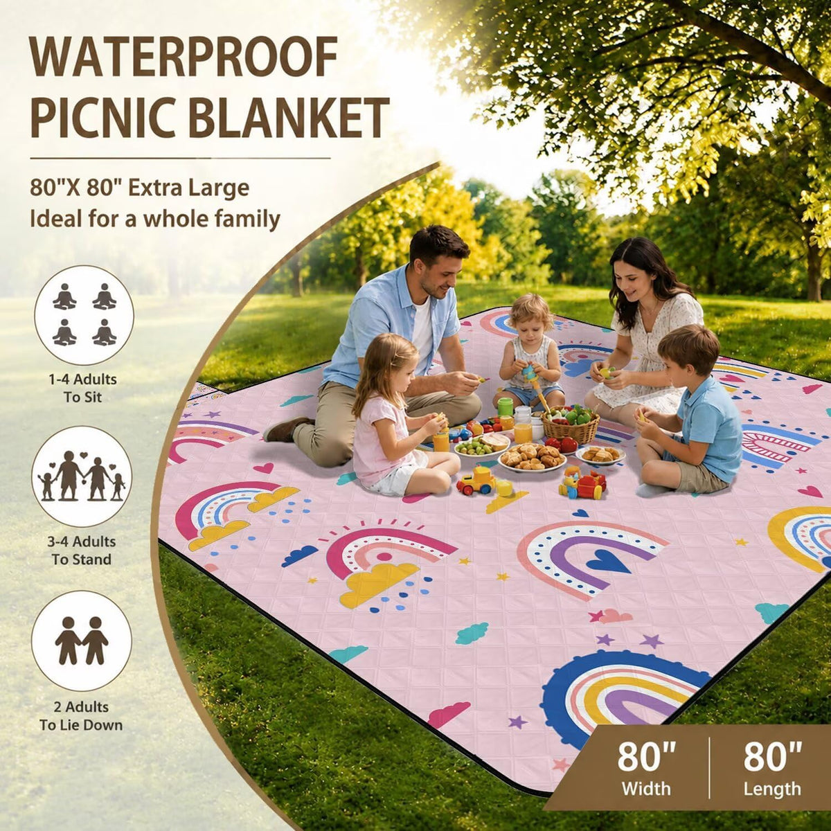 Extra Large Picnic Blanket Waterproof Beach Blanket 80"x 80" Outdoor Camping Mat Foldable Outdoor Blanket Picnic Mat Suitable for Park, Indoor Crawling, Lawn, Garden, Patio, Music Festival(Rainbow)