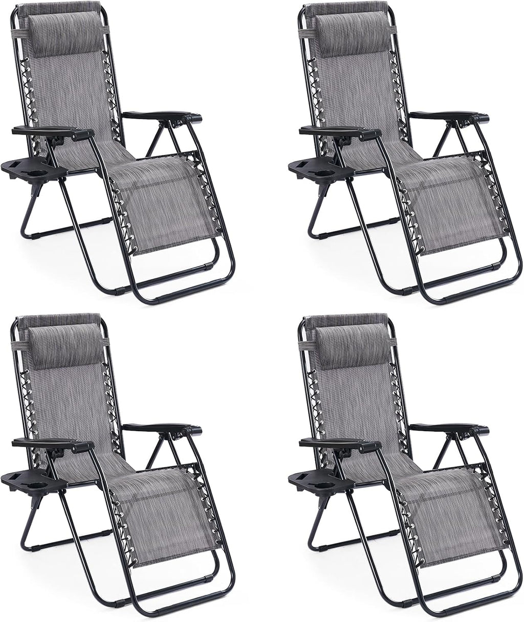 Sweetcrispy Zero Gravity Chairs, Set of 4 Portable Recliner Beach Camping Patio Outdoor Folding Lounge Chair with Cup Holder Trays and Adjustable Pillow for Poolside, Garden, Backyard, Lawn, Blue