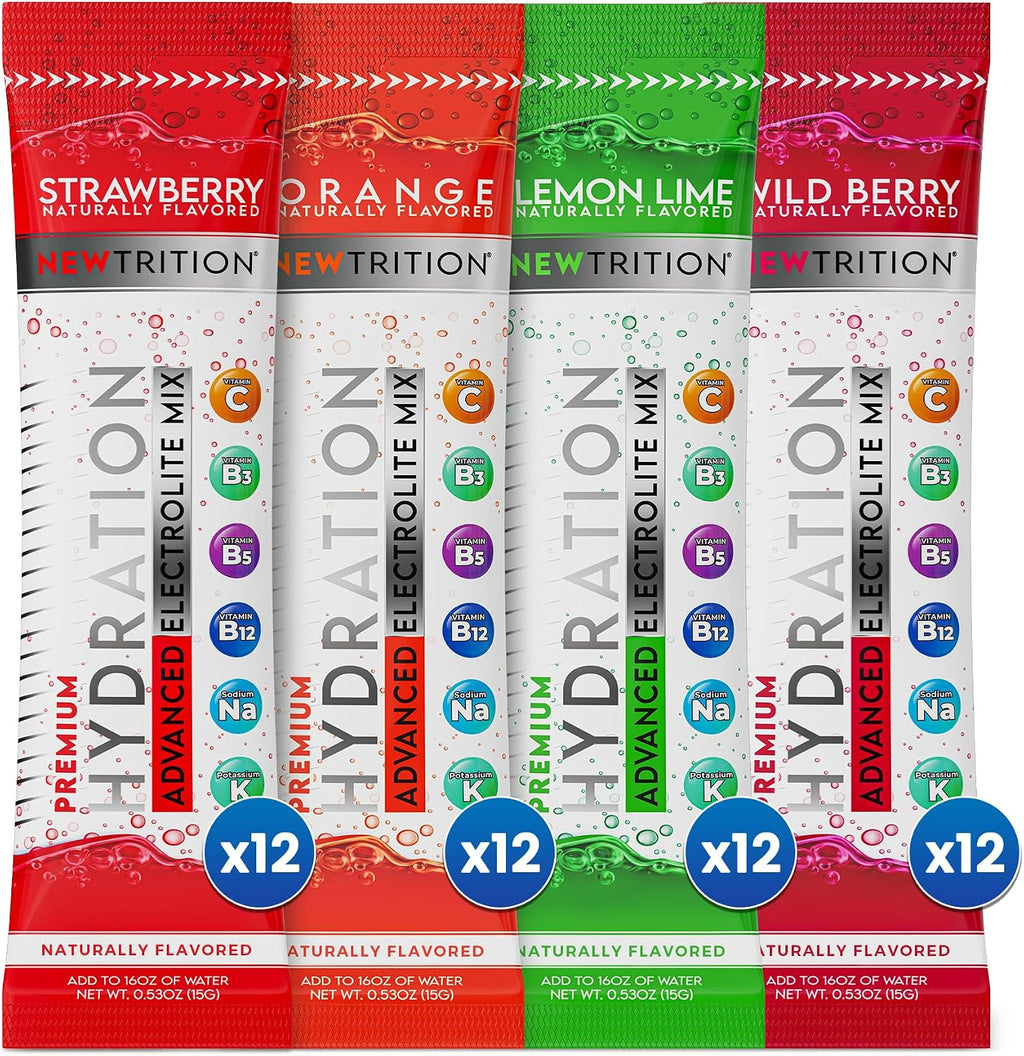 NewTrition® Hydration Powder - Pack of 48 Electrolyte Powder Packets, Naturally Flavored Hydrating Packets for Water, Fast Acting Electrolytes with Vitamins, Lime, Strawberry, Orange, Wild Berry