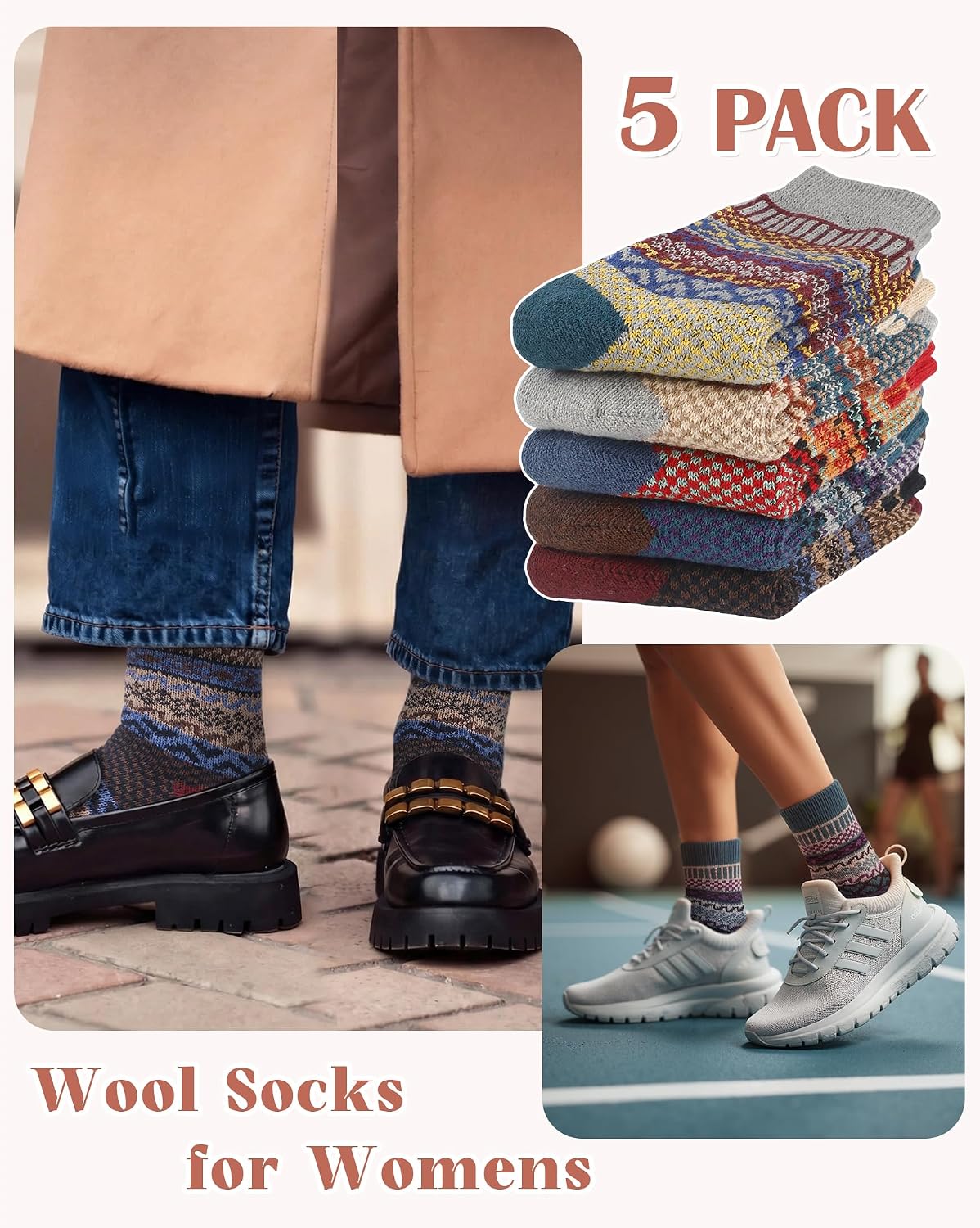 Senker Fashion Wool Socks for Women, 5 Pairs Winter Warm Crew Boot Socks
