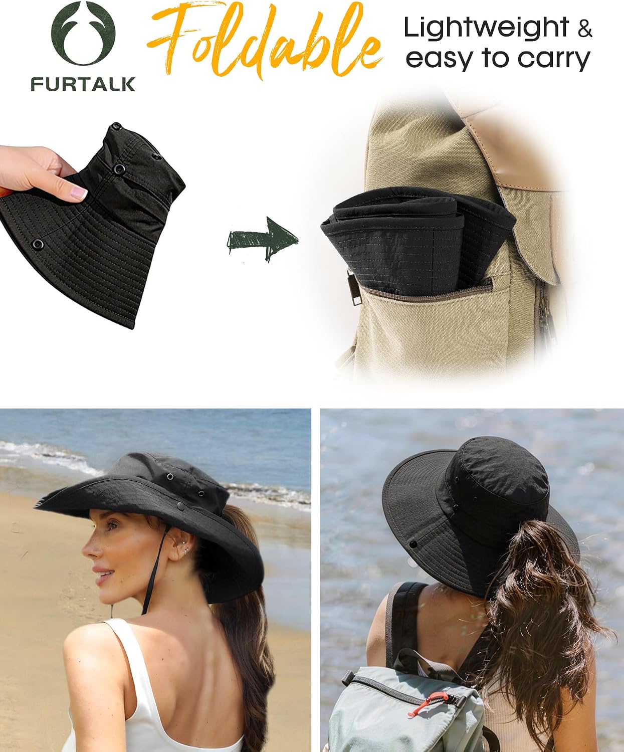 FURTALK Sun Hats for Women Ponytail Wide Brim Summer Packable Cowboy Hat