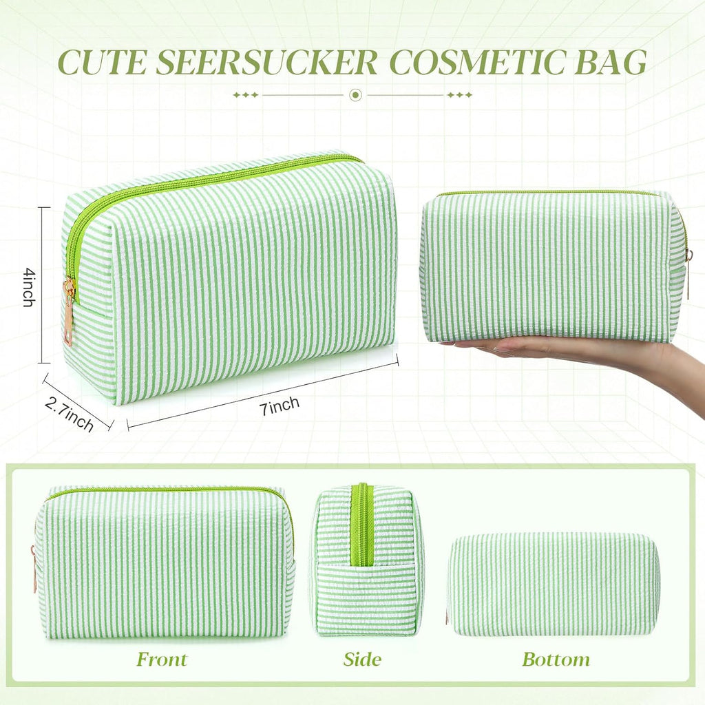 Sanwuta 6 Pcs Seersucker Cosmetic Bags Bulk, Striped Zippered,Green