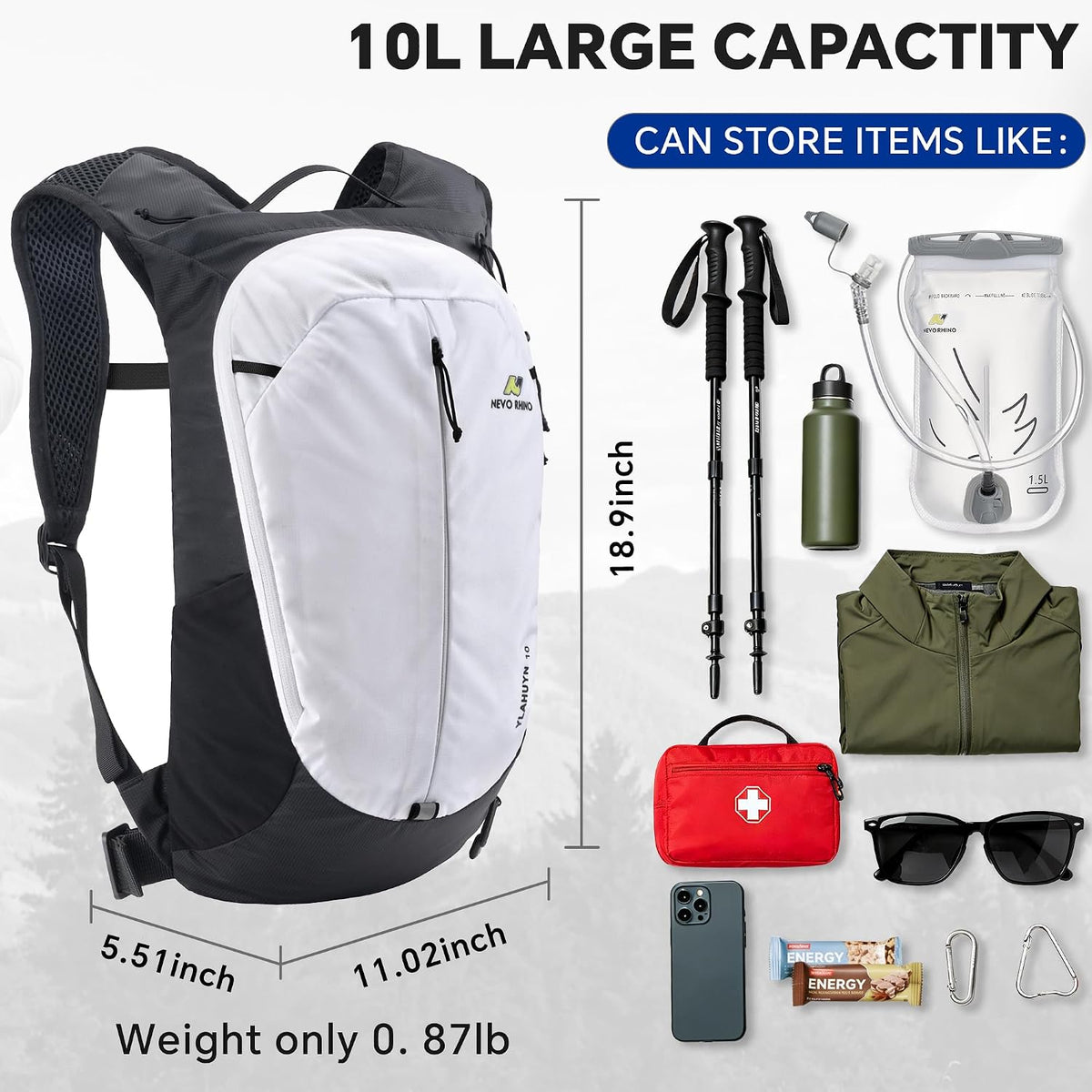 N NEVO RHINO Hiking Backpack, 10L Lightweight Daypack for Men Women