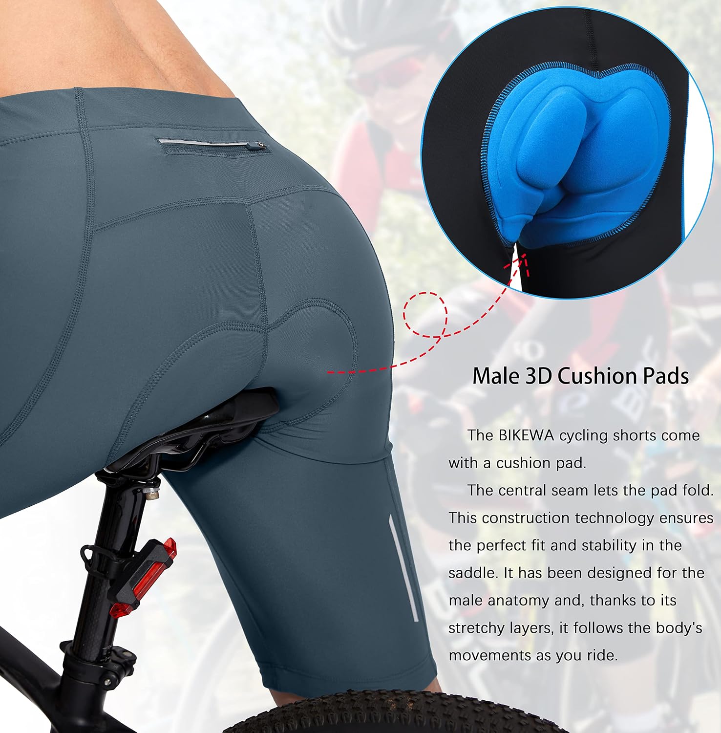 Bikewa Men's Bike Shorts 3D Padded Cycling Road Biking Mountain Riding Biker Bicycle UPF 50+ Cycle Shorts Zipper Pockets