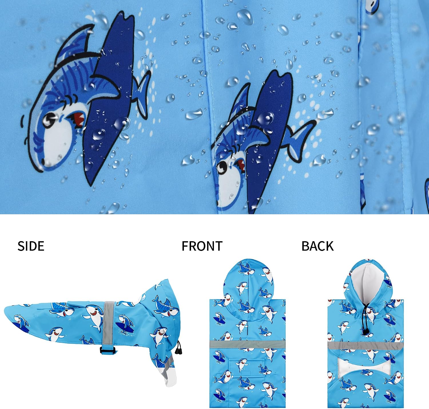 DELIFUR Large Dog Raincoat - Waterproof Dog Rain Poncho Adjustable Double Layer Rain Jacket with Hood for Medium Large Dogs Designed with Leash Hole Reflective Strip(Blue Shark, Large)