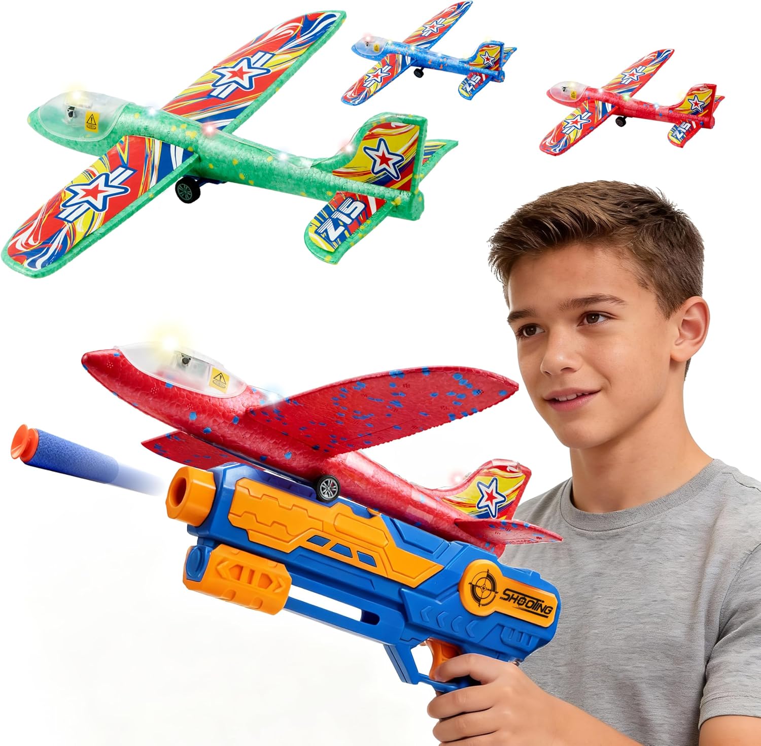 JOYIN LED Foam Glider Airplane Launcher Set, Included Light-Up Flying Planes and Handheld Launcher, Long Distance Outdoor Flying Game for Teens & Adults