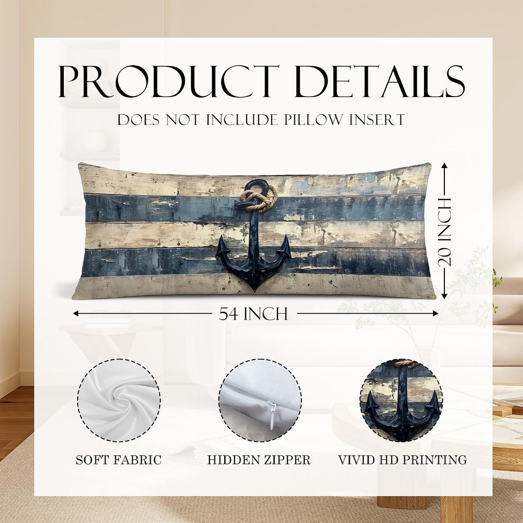 Vintage Nautical Ancho Body Pillow Covers 20x54,Rustic Coastal Beach Lighthouse Decorative Body Pillow Cover,Coastal Anchor Decorative Pillowcases for Home Couch Bed Decor,A031-CBZ