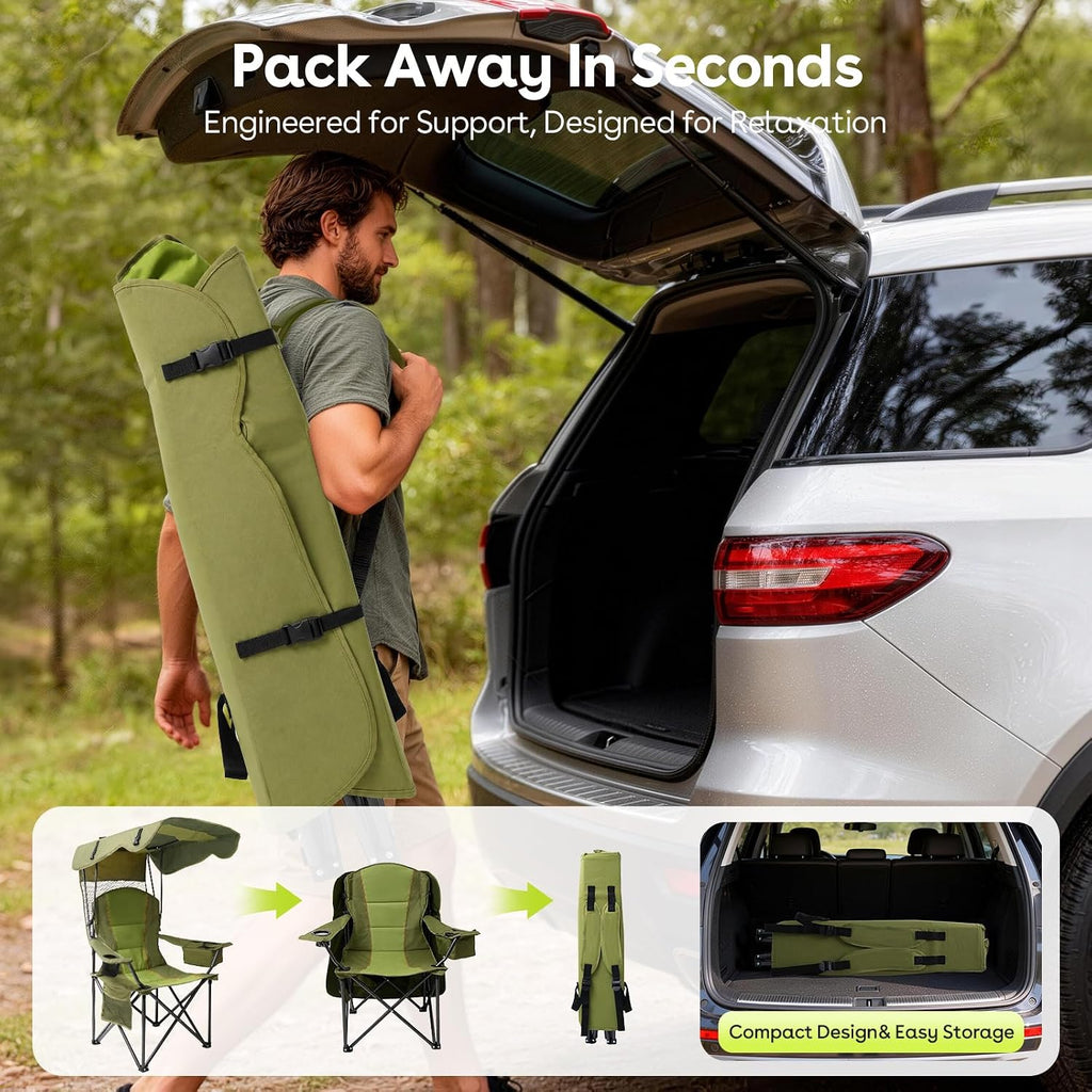 Suteck Camping Chair with Canopy Shade, Folding Outdoor Beach Chairs, Green
