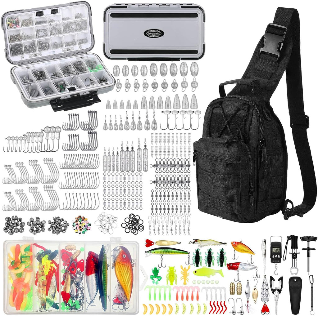 Sosation 482 Pcs Fishing Sling Tackle Bag Set Fish Tackle Box Backpack Storage Fishing Gear and Equipment Included Fish Hook Remover Tool Lures Lip Gripper, Gift for Men