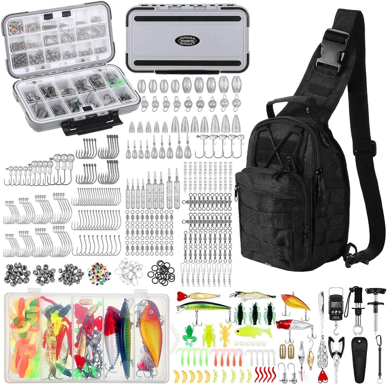 Sosation 482 Pcs Fishing Sling Tackle Bag Set Fish Tackle Box Backpack Storage Fishing Gear and Equipment Included Fish Hook Remover Tool Lures Lip Gripper, Gift for Men