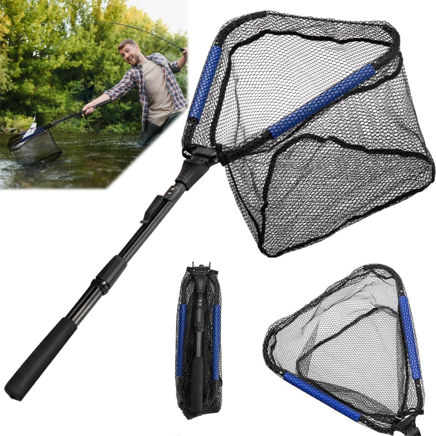 Noamus Floating Fishing Net, 35" Fishing Landing Net with Collapsible Telescopic Pole Handle, Rubber Coated Mesh Folding Fly Fish Net for Salmon Steelhead Bass Trout Walleye Kayak, Fresh Salt Water