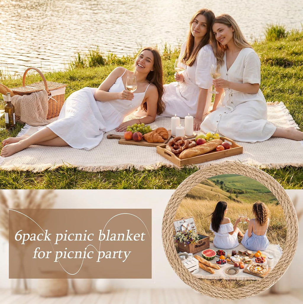 Frienda 6 Pcs Beige Large Boho Outdoor Picnic Blanket 70" x 35", Classic