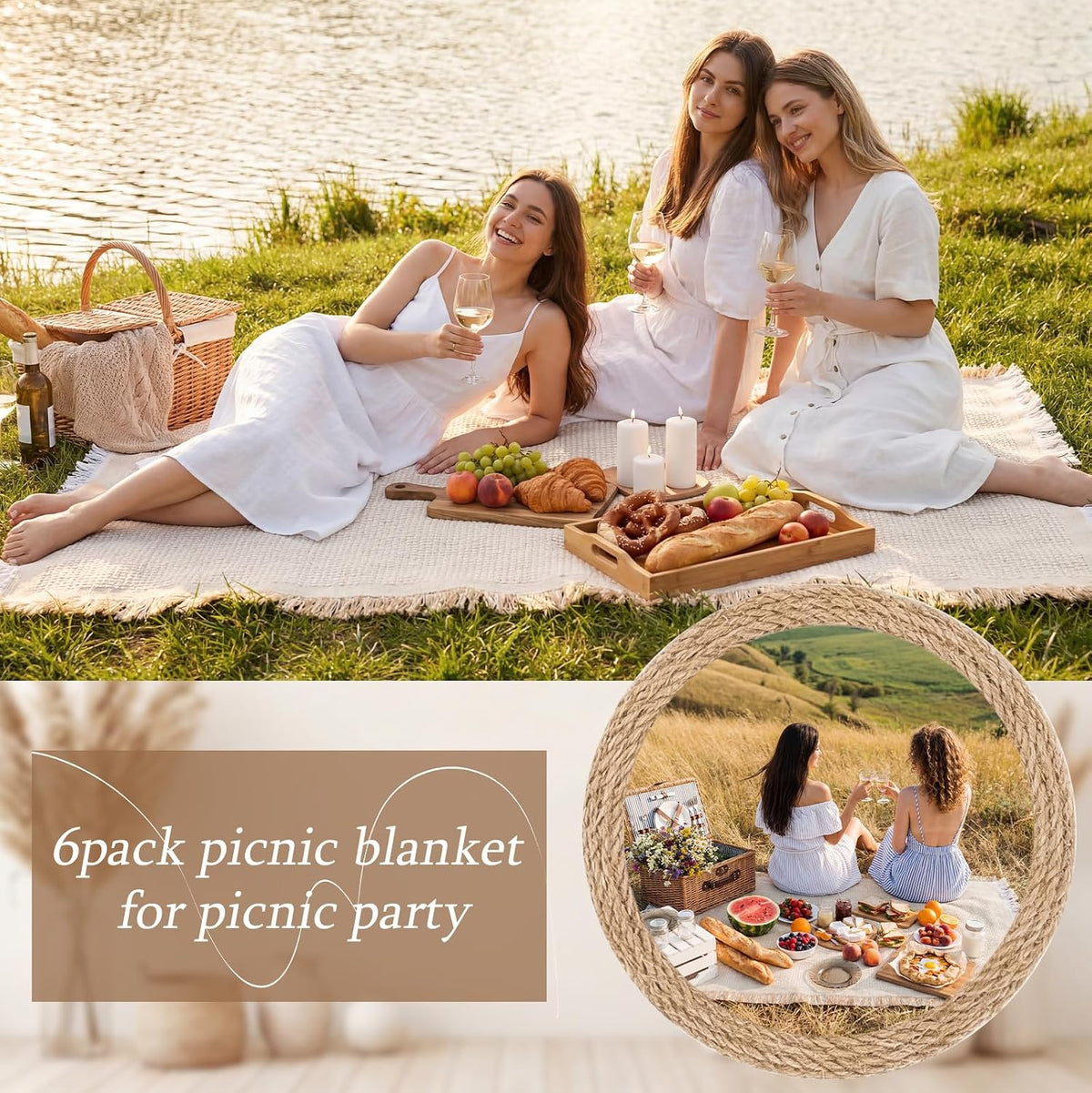 Frienda 6 Pcs Beige Large Boho Outdoor Picnic Blanket 70" x 35", Classic