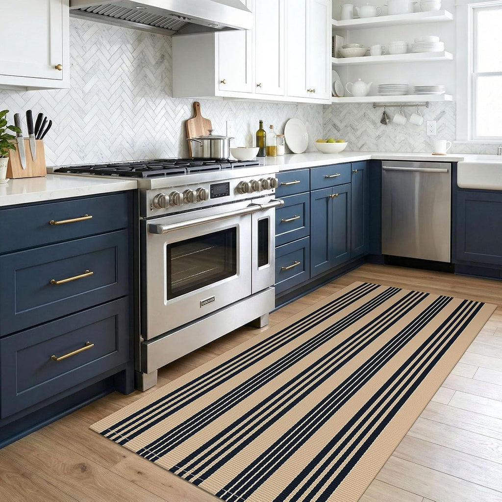 KOZYFLY 3'x5' Striped Area Rug, Brown and Black Woven Cotton Outdoor Rug