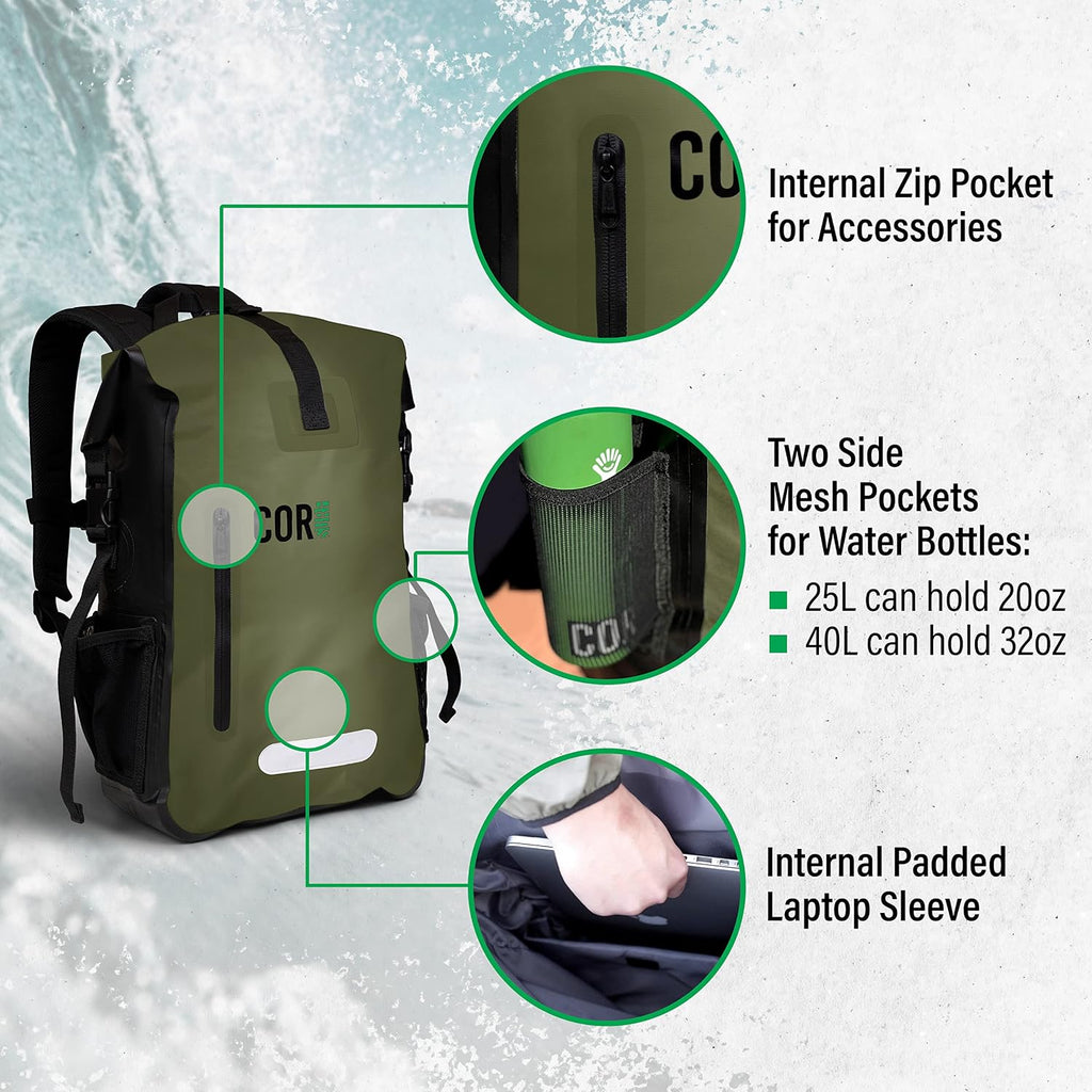 COR Surf Waterproof Dry Bag Backpack with Padded Laptop Sleeve 25L & 40L Heavy Duty Roll-Top Pack