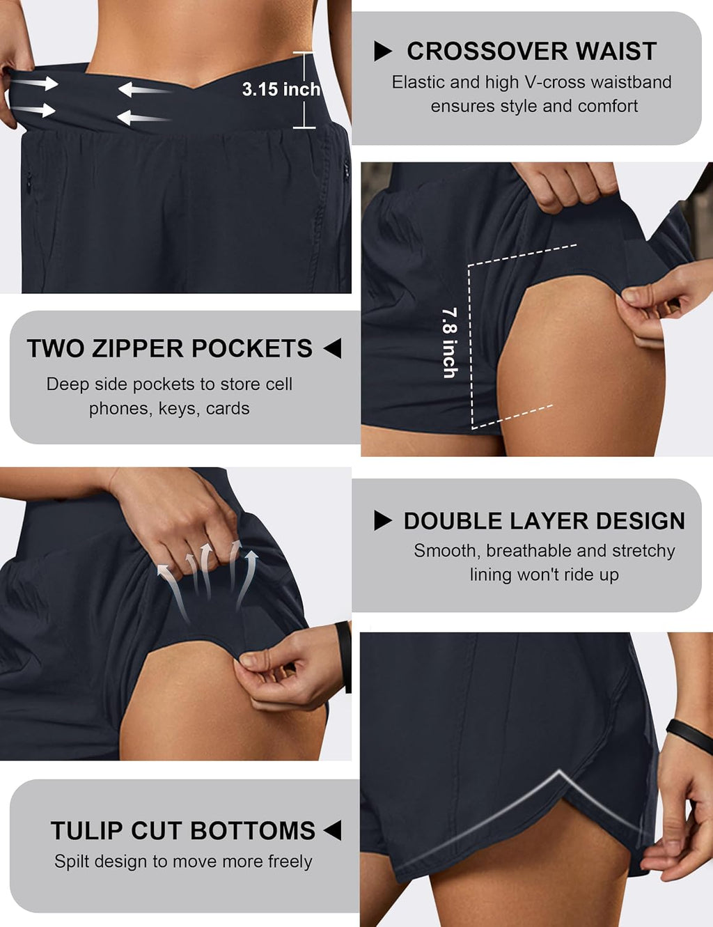Blooming Jelly Women's Athletic Running Shorts Crossover Gym Workout Shorts