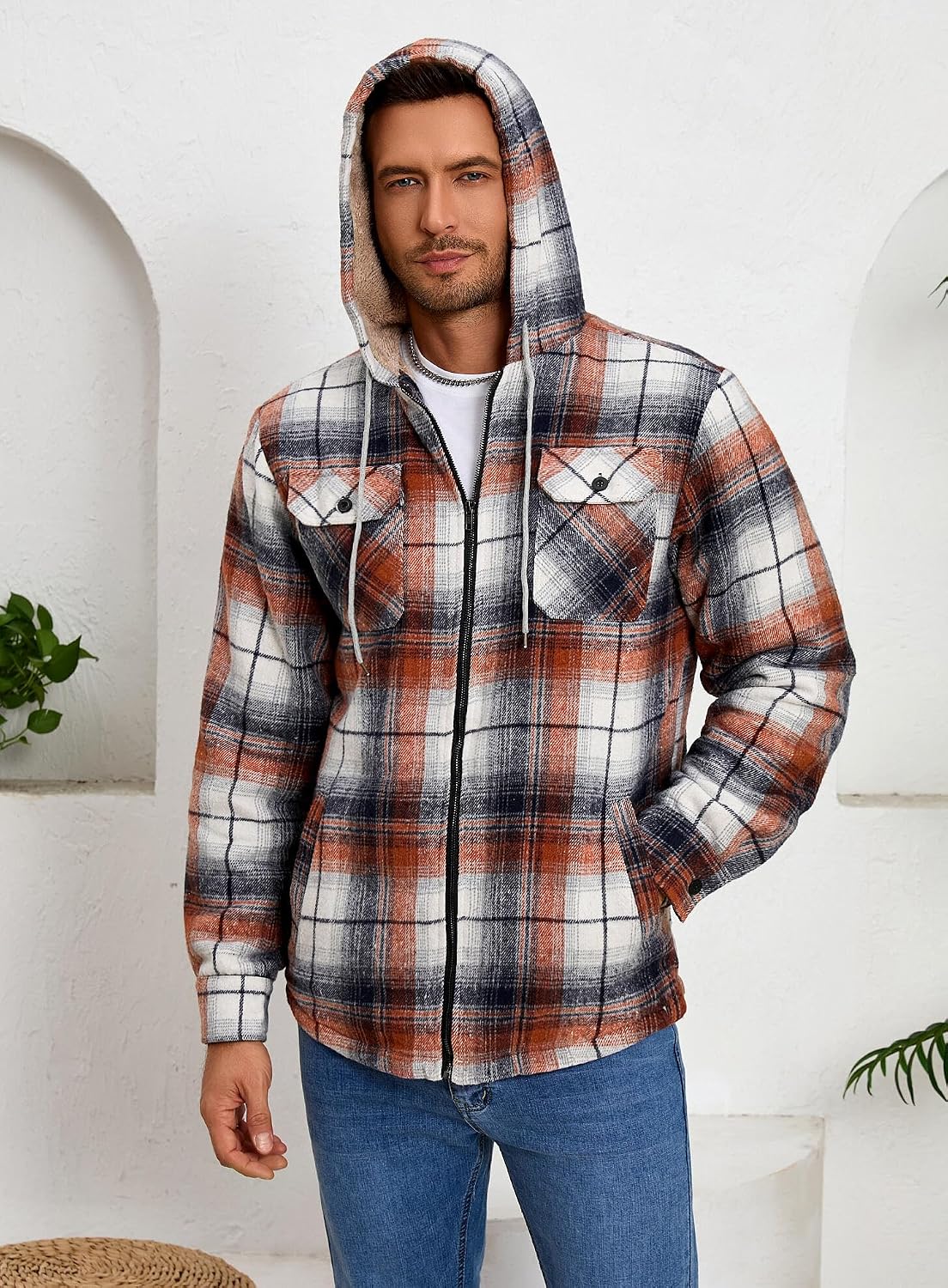 Men's Zip Up Flannel Shirt Jacket Fleece Lined with Hood